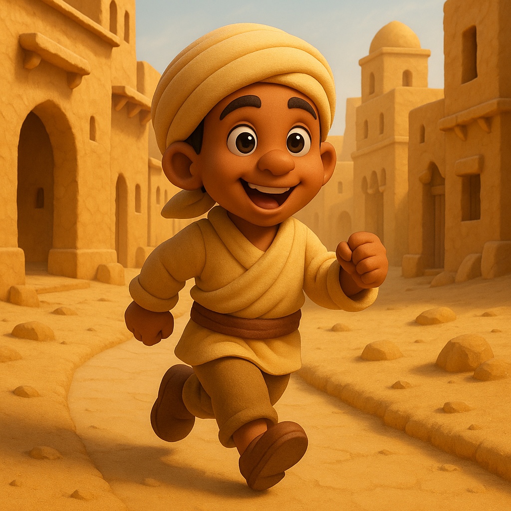 Junge Figur in einer Wüstenstadt als Teil einer Spielwelt