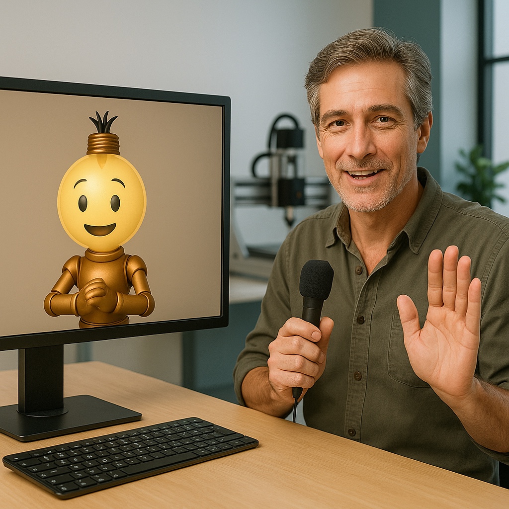 Moderator mit Mikrofon neben einer Technostar Figur auf dem Bildschirm